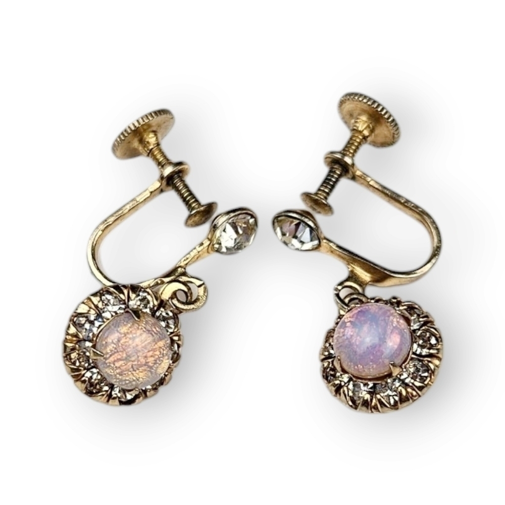 Vargas Faux Fire Opal Earrings Gold Plated Rhinestone Screwback Vintage 50s 7/8"